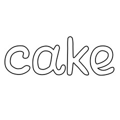 Hand drawn word CAKE, made in rouded letters. White text letters and black outline, line art. Hand made calligraphy.
