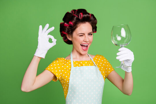 Photo positive maid girl use dishwasher clean whine glass enjoy good quality show okay sign wink blink wear yellow dotted dress white latex gloves isolated green color background