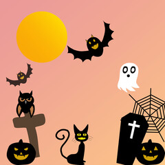 Halloween Decoration. Hand Drawn Illustration with Black Cat, Flying Bats, owl, pumpkins Isolated on colorful Background. Happy Halloween.
