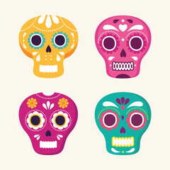 set of skulls with decoration, icons traditional for celebration of independence mexico vector illustration design