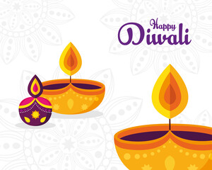 banner of diwali festival holiday with candles decoration on white background vector illustration design