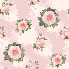 Seamless pattern of beautiful roses drawn by paints with buds and foliage