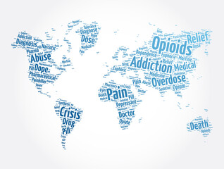 Naklejka premium Opioids word cloud in shape of world map, concept background