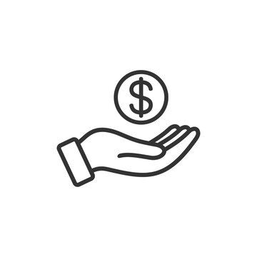 save money icon, hand holding dollar coin, line symbols, vector illustration 