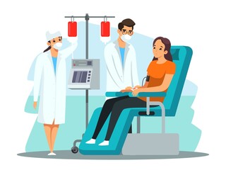 Donor donating blood in hospital. Medical healthcare organization vector illustration. Woman sitting in chair, doctor and nurse helping. Professional laboratory or foundation