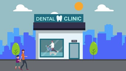 Mother taking her crying boy to the dental clinic