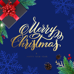 Merry Christmas and Happy New Year card with a gifts and lettering. Background with realistic holiday decorations
