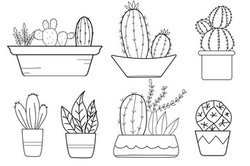 Freehand vector drawing cute cactus in pots,Vector illustration. doodles.