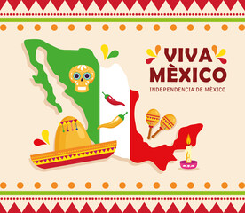 viva mexico, happy independence day, 16 of september and map with traditional icons decorations vector illustration design