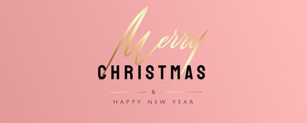 Merry Christmas and Happy New Year greeting card. Fancy coral pink colour background with lettering. Minimalist design