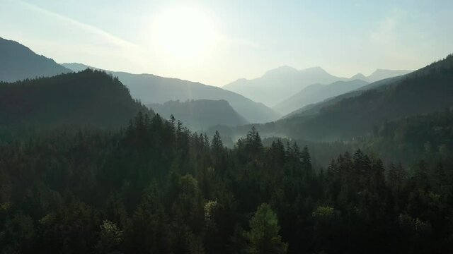 Drone flight over forest and mountains in Bavaria, Germany