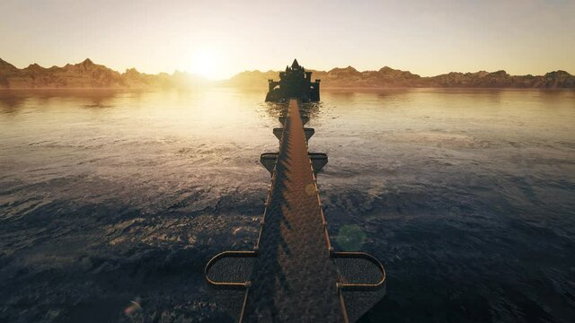 A 4K High Quality render for a calm and inspiring castle with birds, sun and ocean.