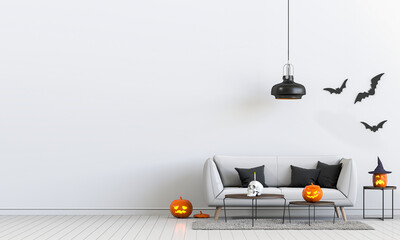 3D render Halloween party in living room with pumpkins, jack-o-lantern