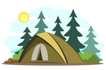 Traveling and camping background. Tent in forest. Tourist outdoor scene vector illustration. Sunny beautiful day, scenic horizontal panorama