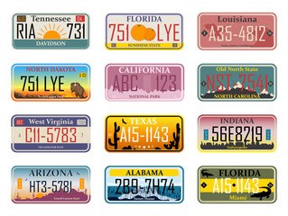 Abstract USA states license plates. Bundle of various vehicle registration signs or automobile identifiers in elegant vintage style.  Metal sign boards automobile plates with digits and letters,