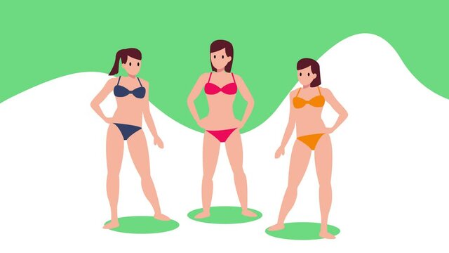 Three young women posing with swimsuit on studio