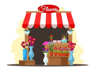 Fototapeta na wymiar Street market stall with flowers. Outdoor local fair kiosk vector illustration. Store with flowers in vases and plants in pots. Wrapping paper, postacrds, bouquets. Empty wooden booth