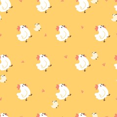 Mother Hens and Little Chicks Animal Vector Pattern