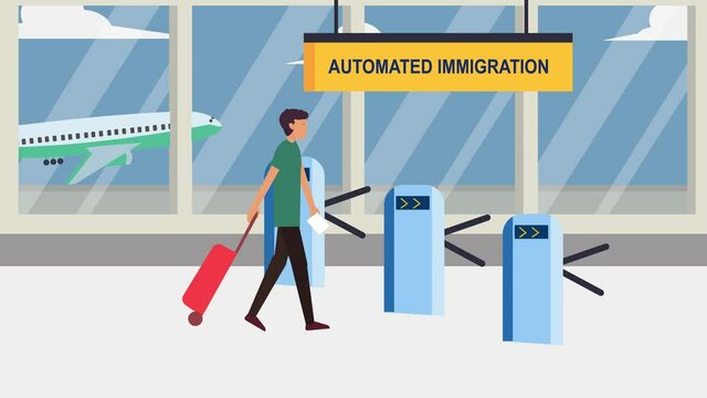 Traveler walks through immigration clearance gate