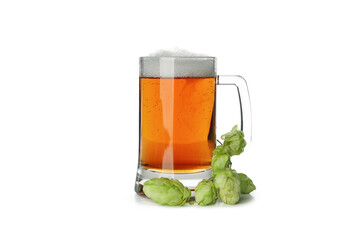 Beer and green hop isolated on white background