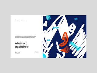 Homepage design with abstract illustration. Colorful lines, spots, dots and paint strokes. Decorative backdrop. Hand drawn texture, elements and shapes. Eps10 vector.	