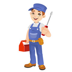 Mechanic holding a screw driver and toolbox