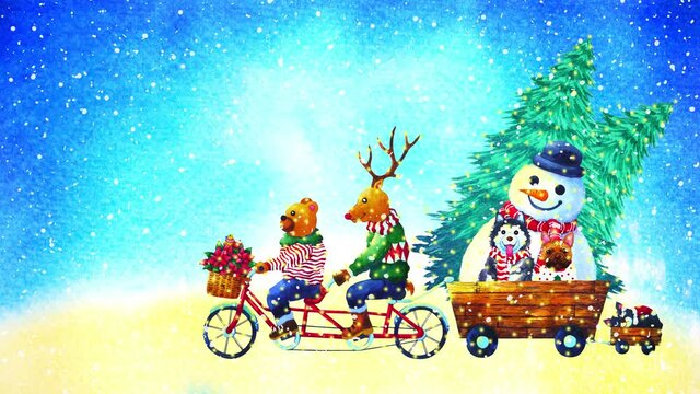 merry christmas happy new year cartoon animal art watercolor painting illustration design drawing stop motion ultra hd 4k animation holiday winter background