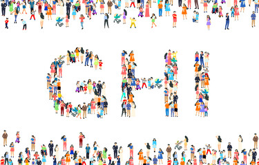 Large group of people in letter G, H, I sign. People font set. Vector