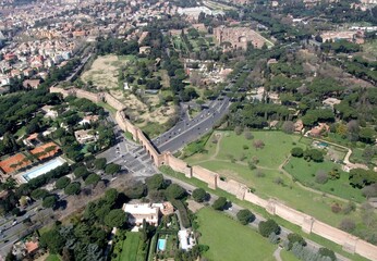 Aerial view Viale di Porta Ardeatina the Aurelian wall in the city of Rome, Italy