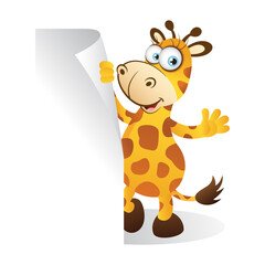 Cartoon Giraffe standing behind Blank Sign