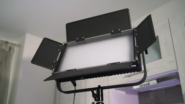 Details of photo studio equipment, professional photographer lighting. Action. Close up of turned off led light panel indoors for the photo and video shooting.