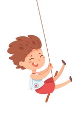 Happy kid on swing. Boy having fun playing during holiday vacation. Cute child swinging on tree and laughing on playground. Outdoor activities vector isolated illustration