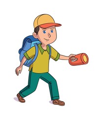 Kid hiking with flshlight in summer camp. Young boy scout on adventure in nature. Fun outdoor activity vector illustration. Exploration and recreation time, traveling and tourism