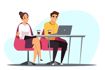 Business meeting discussion. Two happy people working at office vector illustration. Corporate communication, coworking. Man and woman sitting at desk with laptop and coffee, negotiating, studying