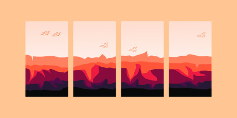 sunset in the mountains, banner of mountain sunset, mountain tourism banner set, mountain illustration vector with bird,