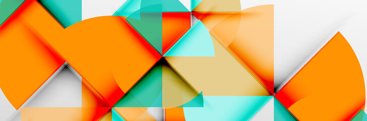 Bright color circles, abstract round shapes and triangles composition with shadow effects. Vector modern geometric design template