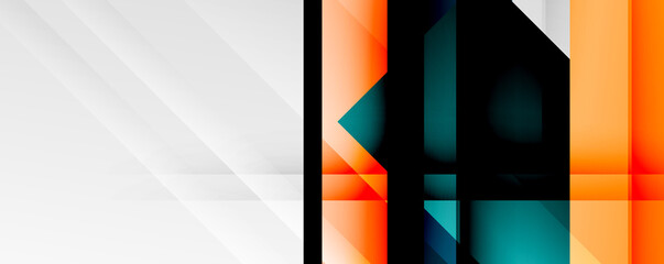 Geometric abstract backgrounds with shadow lines, modern forms, rectangles, squares and fluid gradients. Bright colorful stripes cool backdrops