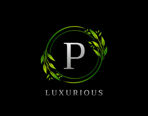Elegant P Letter Green Floral Design. Circle Green Leaf P Logo Icon.