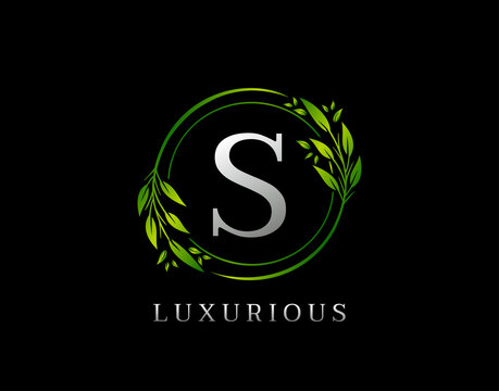 Elegant S Letter Green Floral Design. Circle Green Leaf S Logo Icon.