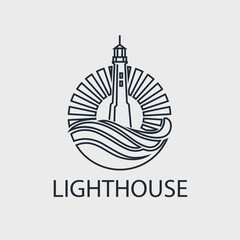 abstract lighthouse line icon with ocean waves and seagulls isolated on white background