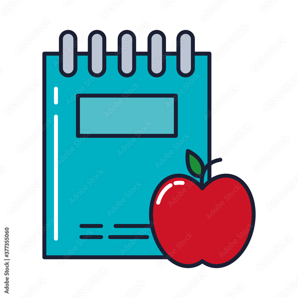 Poster notebook with apple, line and fill style icon vector illustration design