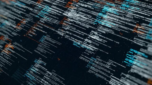 Abstract running random lines of abstract code. Animation. Tons of changing and moving data on black background, seamless loop, concept of modern technologies.
