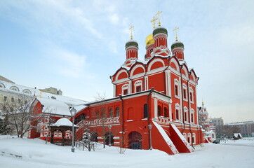 Winter view of the Cathedral of the icon of the mother of God "the Sign" of the former Znamensky monastery on Varvarka. Moscow, Russia