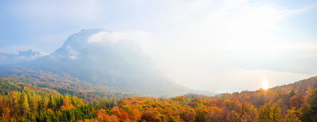 idyllic landscape Salzkammergut, above lake Traunsee, autumnal background with copy space