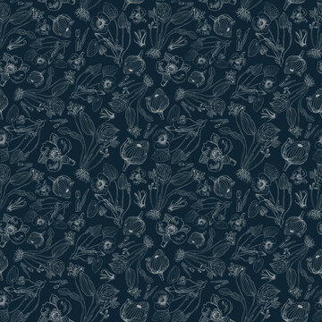 Seamless botanical floral dark blue pattern with limnocharitaceae