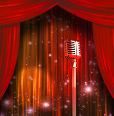Classic microphone on stage with colorful curtains. 3D rendering
