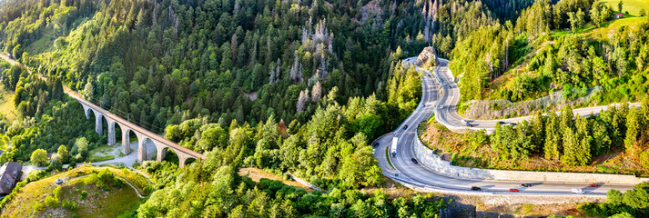 Railway viaduct and hairpin bend at Ravenna Gorge in Germany