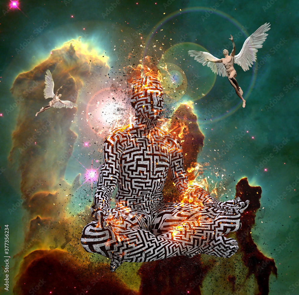 Poster surrealism. figure of man with maze pattern in lotus pose in flames. men with wings represents angel