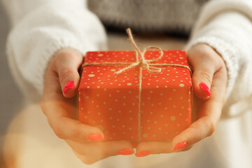 Female hands in sweater holding wrapped Christmas gift