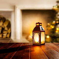 Lamp on wooden desk and fireplace 